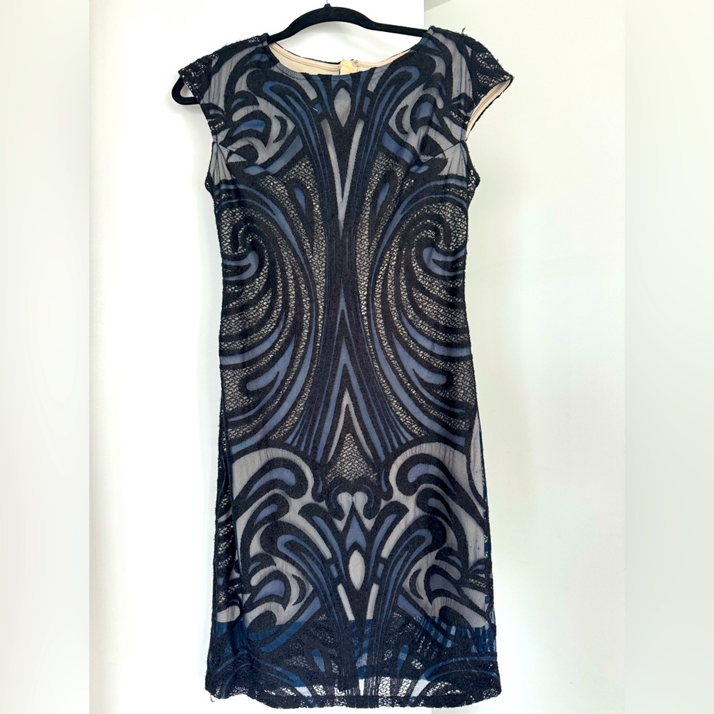 Navy/Black/Cream crochet-style mini dress with cap sleeves